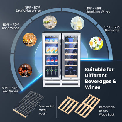 Wine and Beverage Refrigerator, 24 Inch Dual Zone Under Counter Wine Cooler w/Lock