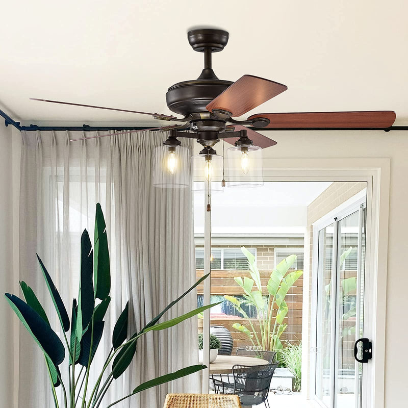 Ceiling Fan with Lights 52 Inch, Industrial Pull Chain Ceiling Fan with Lighting, Reversible Motor and 5 Blades