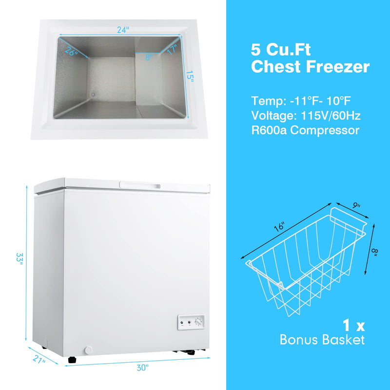 ARLIME Chest Freezer 5 Cu.ft Single Door Deep Refrigerator with 7-Grade Temperature Range -11°F to 10°F