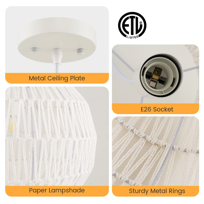 ARLIME Farmhouse Rattan Pendant Lights - Boho Modern Round Ceiling Chandelier Hanging Lamp
