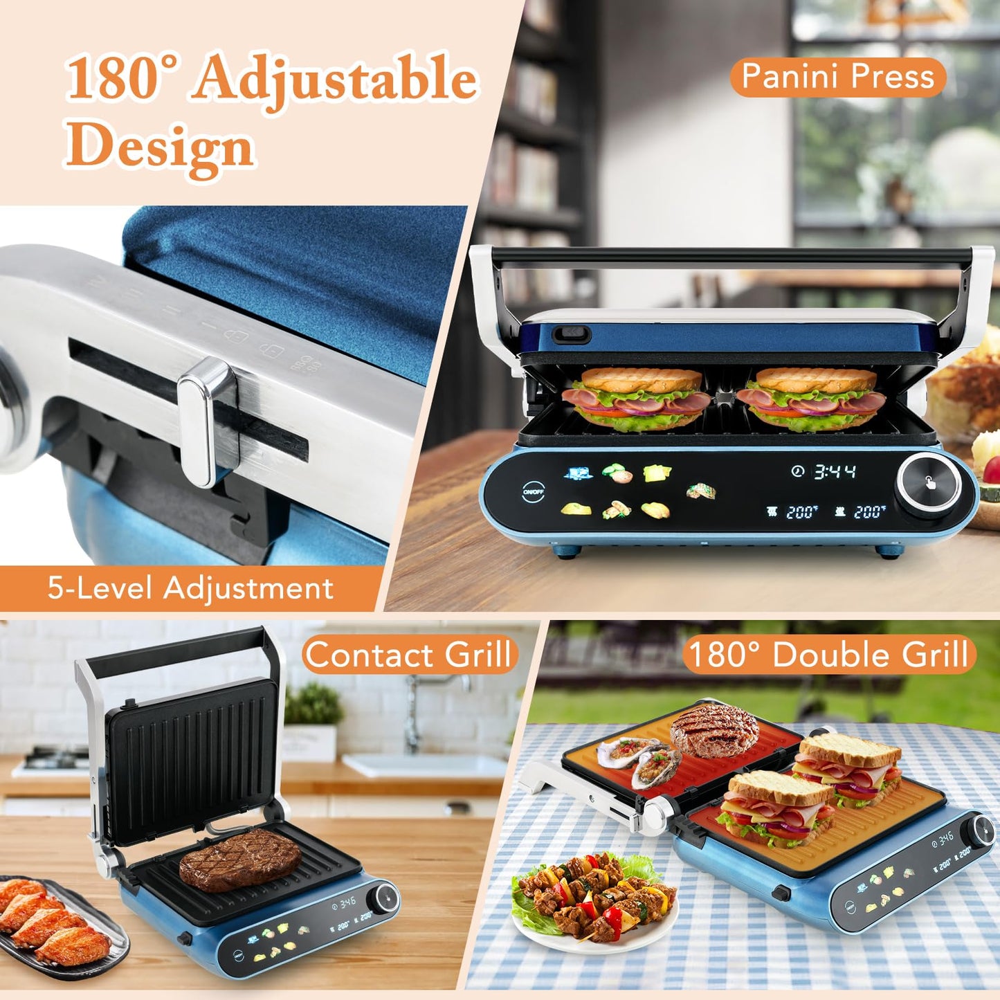 Panini Press 1200W Sandwich Maker with LED Touch Panel Non-Stick Coated Plates & Removable Drip Tray