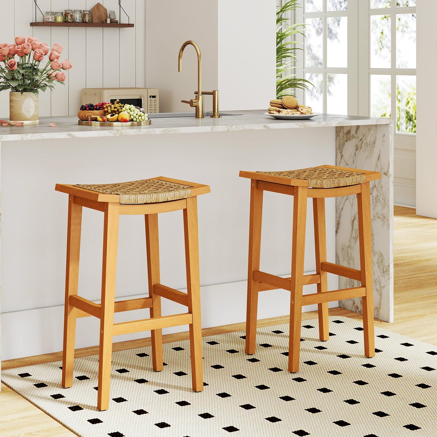 Outdoor PE Rattan Saddle Stools with Acacia Wood Footrests