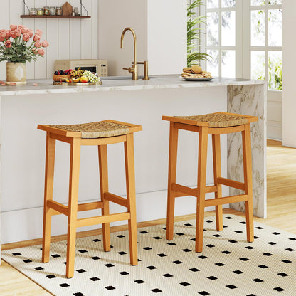 Outdoor PE Rattan Saddle Stools with Acacia Wood Footrests