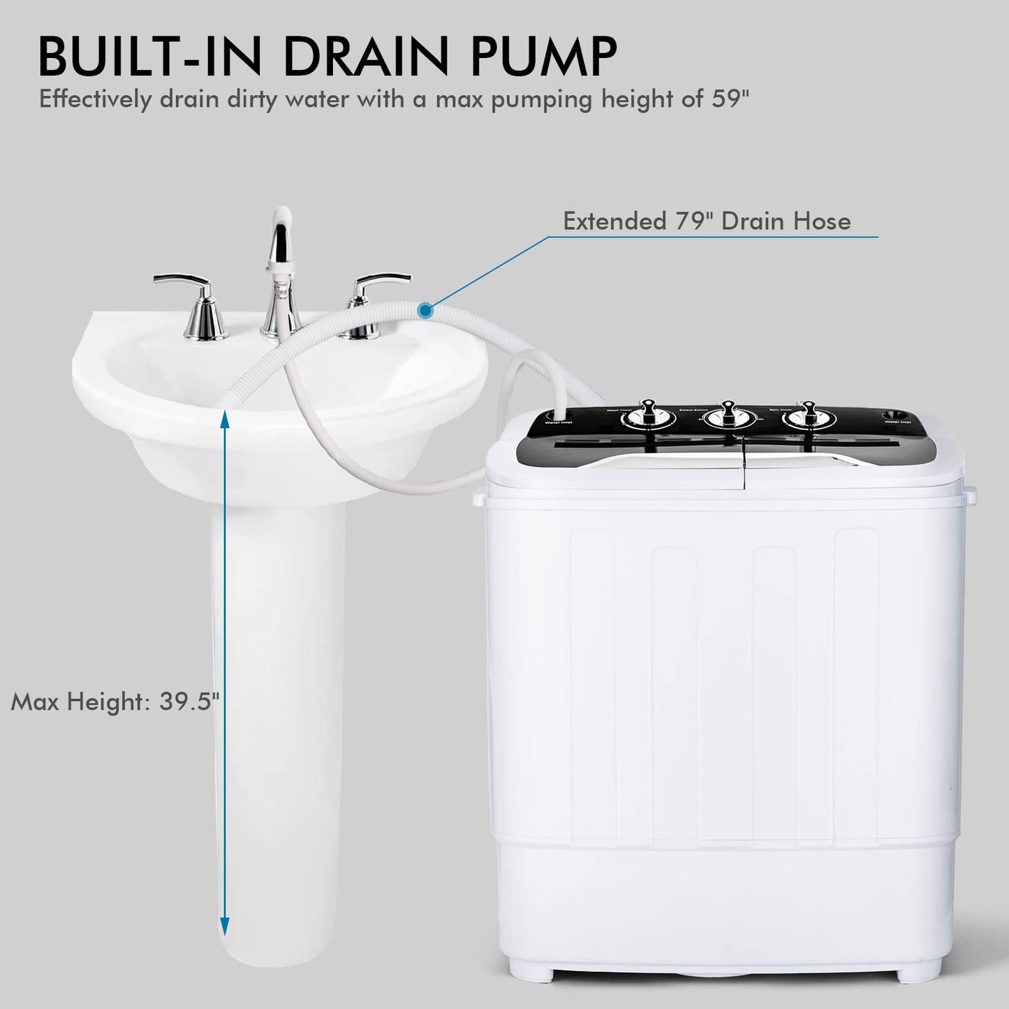 Portable Washing Machine, Twin Tub 13Lbs Capacity Washer 8Lbs and Spinner 5Lbs with Control Knobs