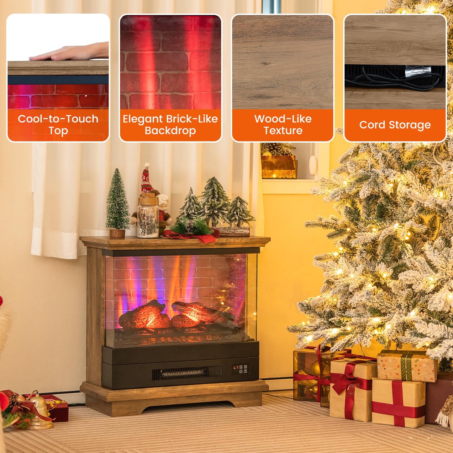 Electric Fireplace with 3-Sided Glass 27-inch Wide, 1400W Freestanding Fireplace Heater with Remote Control