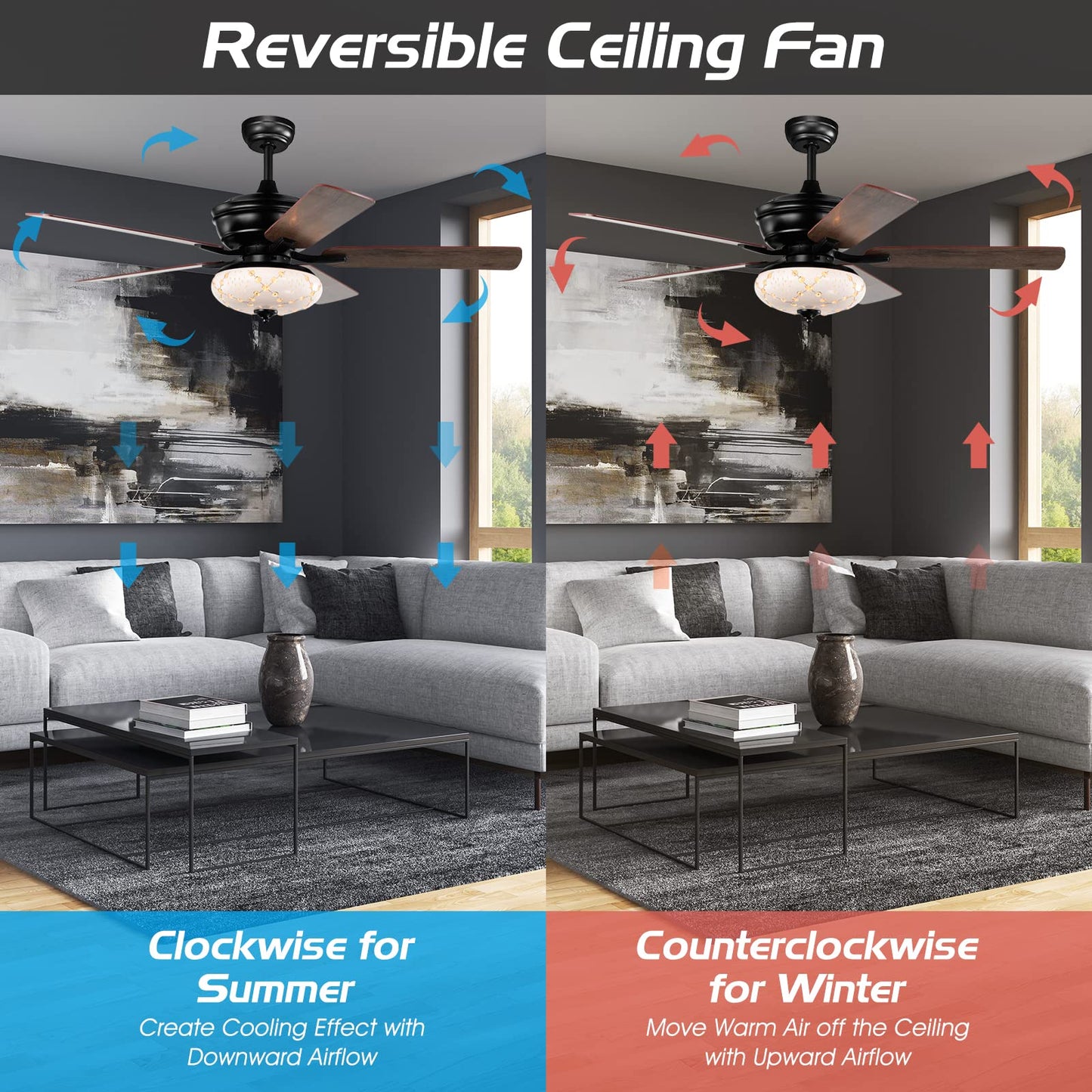 52-Inch Ceiling Fan with Remote Control, Crystal Ceiling Fan with 3 Wind Speeds and 5 Reversible Blades