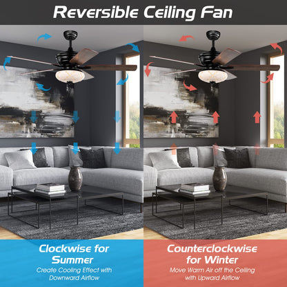 52-Inch Ceiling Fan with Remote Control, Crystal Ceiling Fan with 3 Wind Speeds and 5 Reversible Blades
