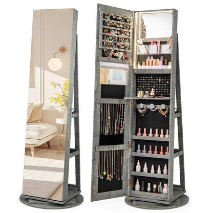 360° Rotating Mirrored Jewelry Cabinet Armoire 3 Color LED Modes Lockable