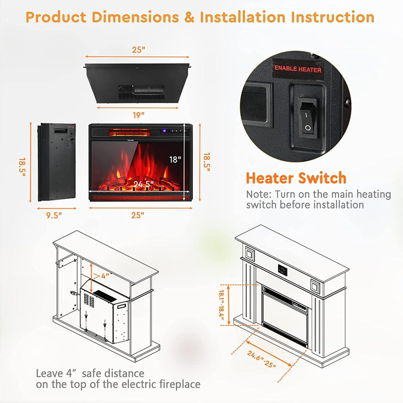 ARLIME 25 Inch Electric Fireplace Inserts in-Wall Recessed and Freestanding Fireplace Heater