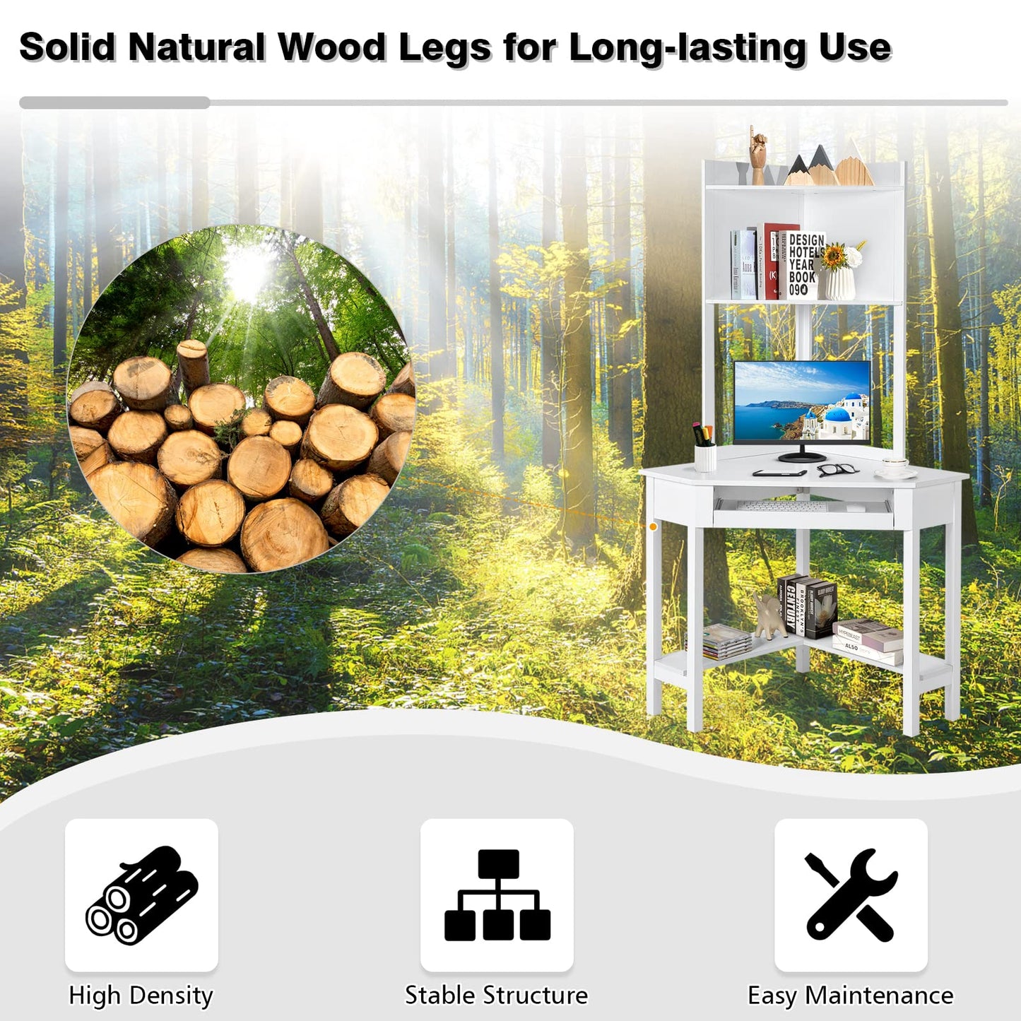 Corner Desk with Keyboard Tray & Bottom Shelves for Small Space