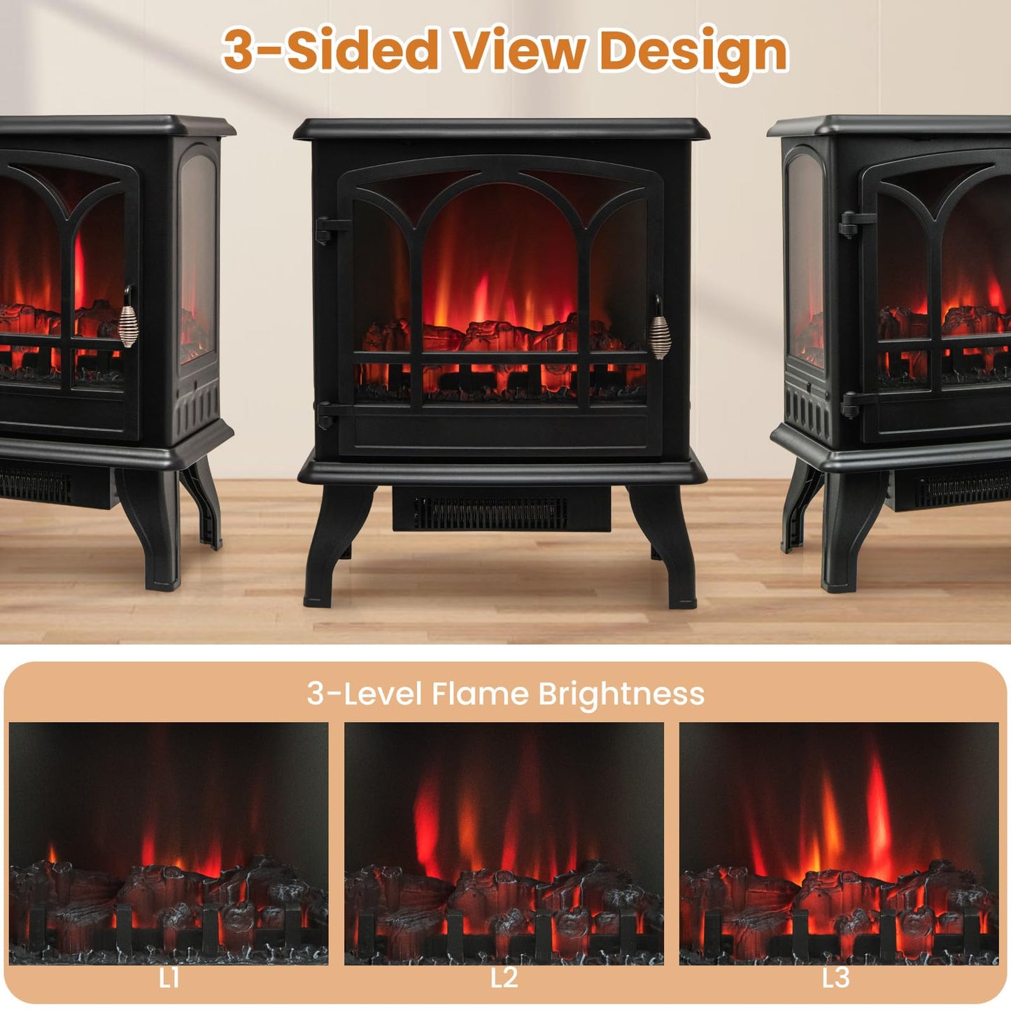 Electric Fireplace Stove with 3-Sided View, Remote Control, 1400W Portable Freestanding Heater with Thermostat