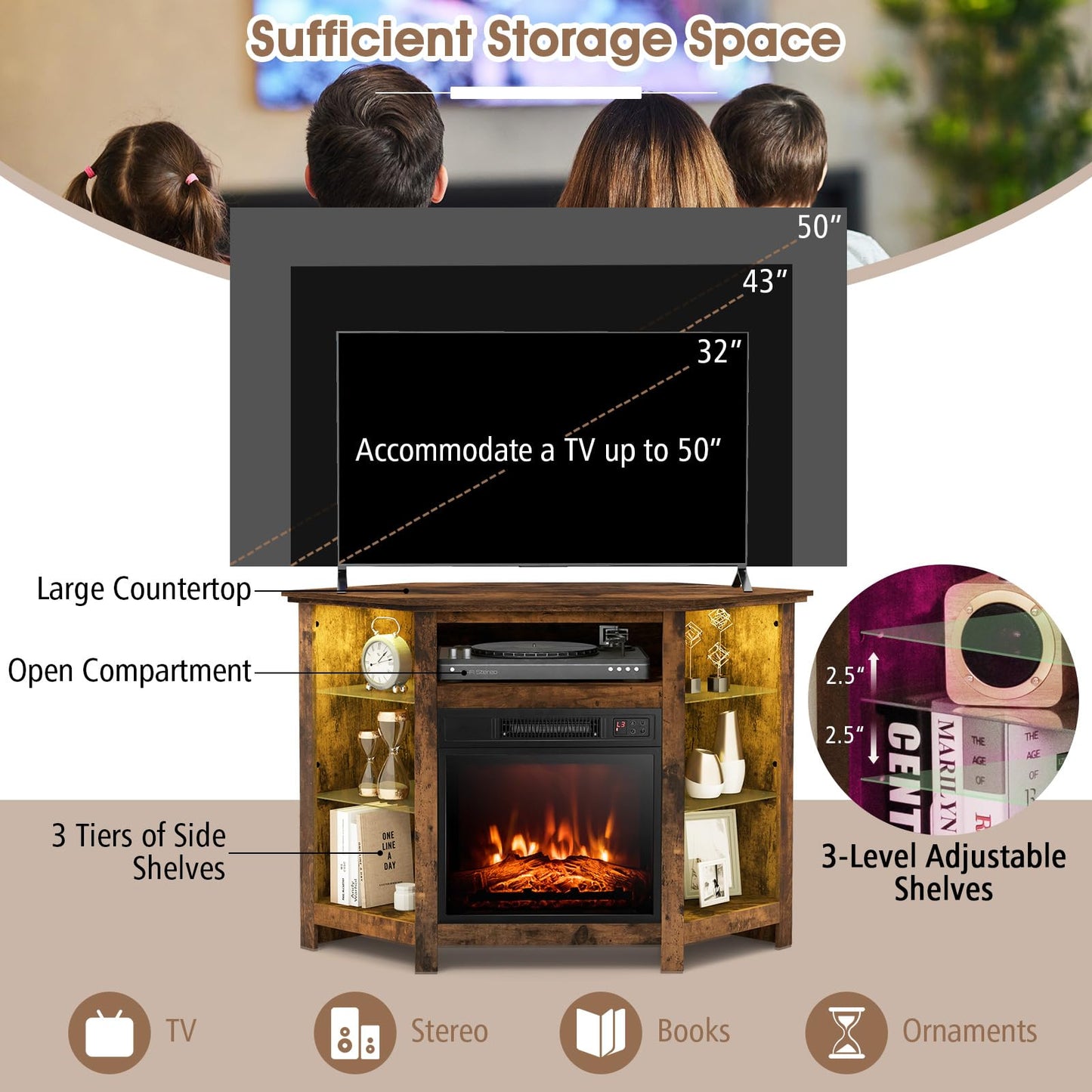 Corner Fireplace TV Stand with LED Lights for TVs up to 50”, Modern Entertainment Center with Electric Fireplace