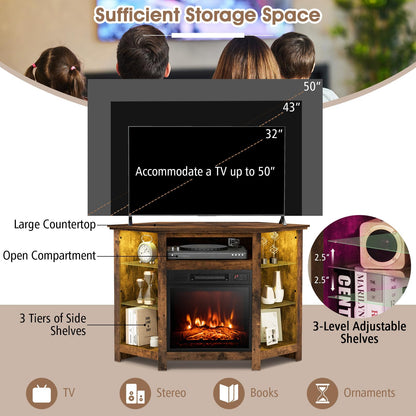 Corner Fireplace TV Stand with LED Lights for TVs up to 50”, Modern Entertainment Center with Electric Fireplace