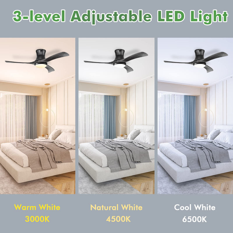 52 Inches Ceiling Fan with LED Light and Remote Control, Flush Mount Ceiling Fan with 6 Wind Speeds (Black)