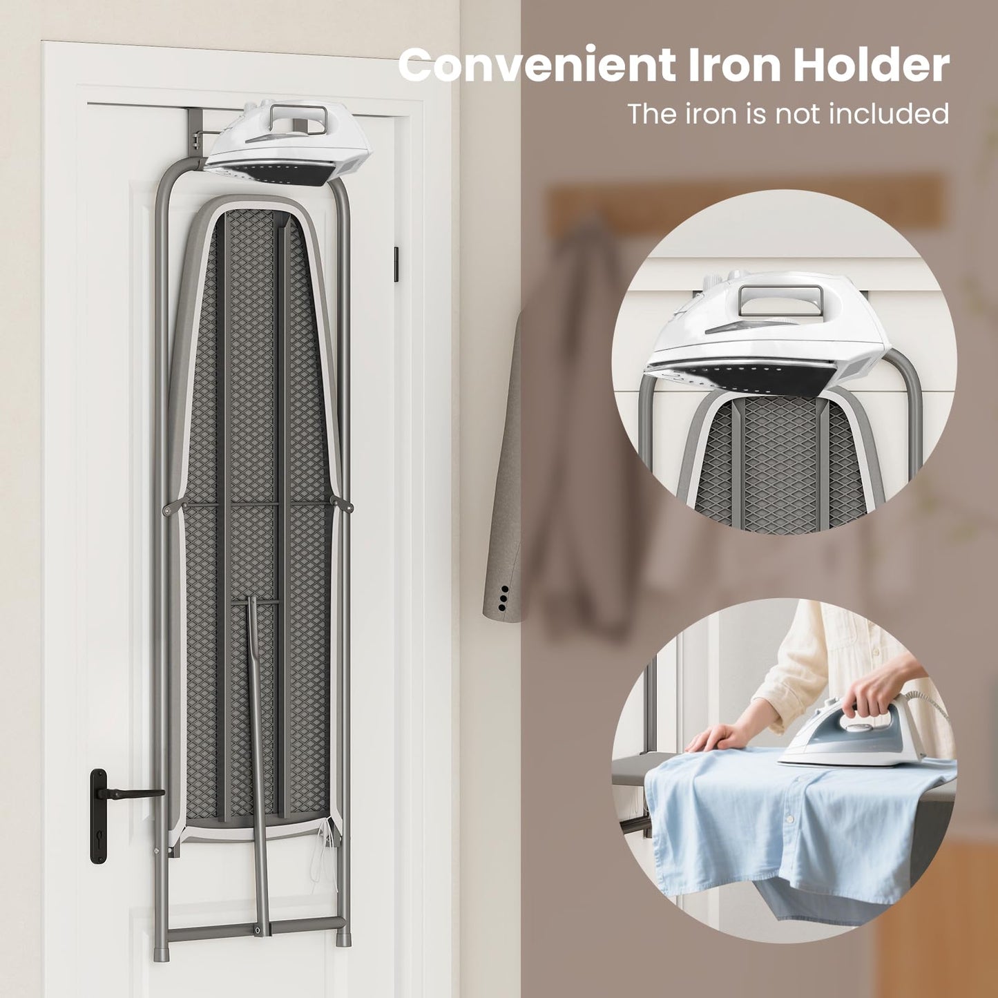 Space Saving Metal Hanging Ironing Board with Iron Holder & Cotton Cover
