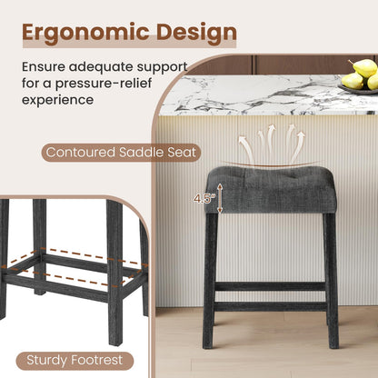 Wooden Saddle Stools Set 24-inch Counter Height Upholstered Backless Bar Stools with Solid Rubber Wood Legs