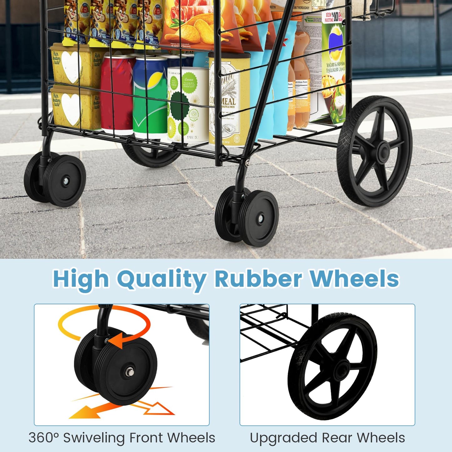 360° Swiveling Front Wheels Folding Shopping Cart Light Weight Utility Cart