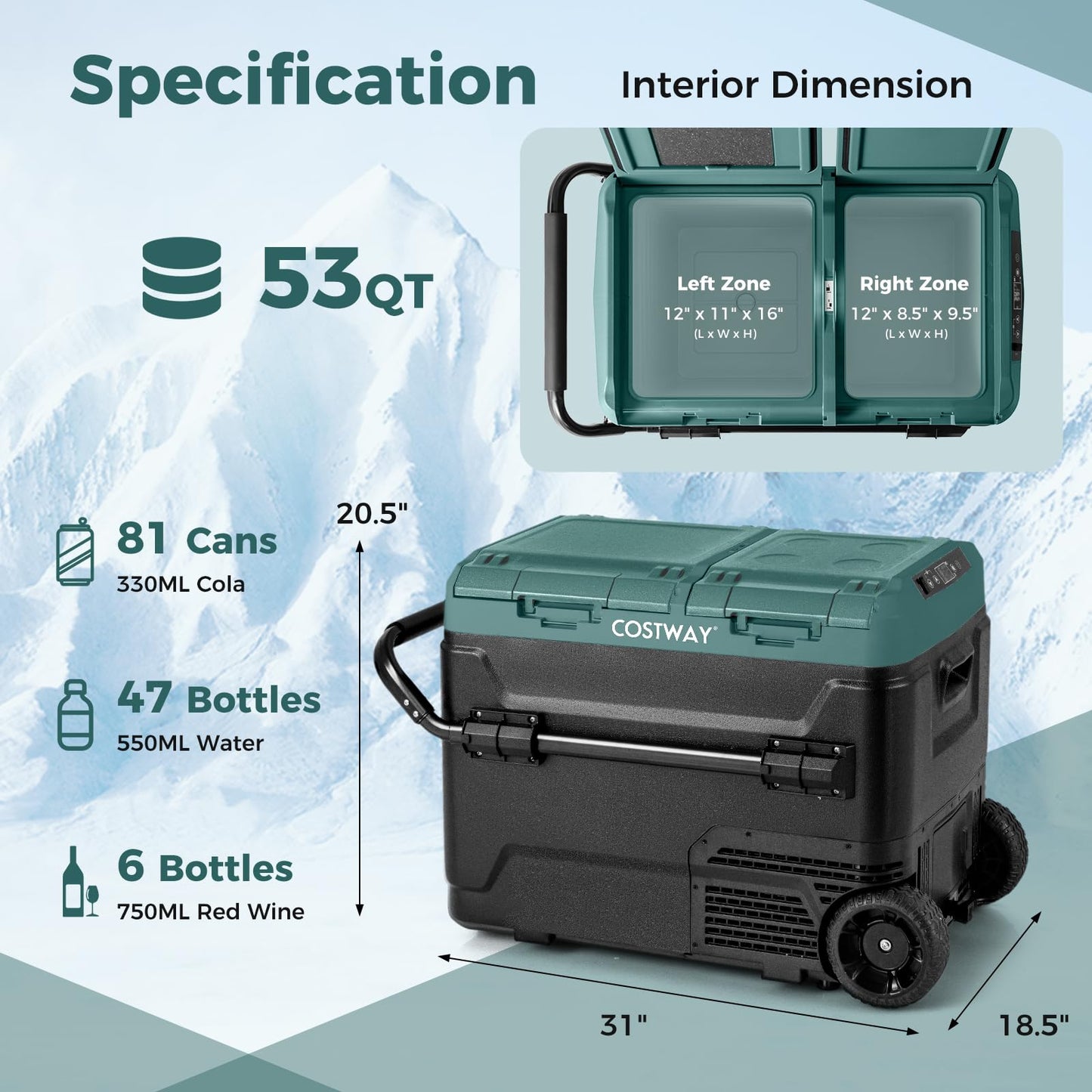 Car Refrigerator with Wheels, 53-Quart Dual-zone Dual-temperature Electric Cooler, 12V/24V DC, 100-240V AC, Green+Black