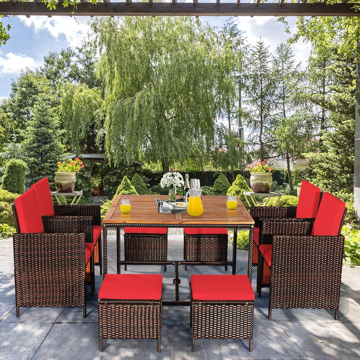 9PCS Patio Rattan Dining Set with Ottomans for Backyard Garden