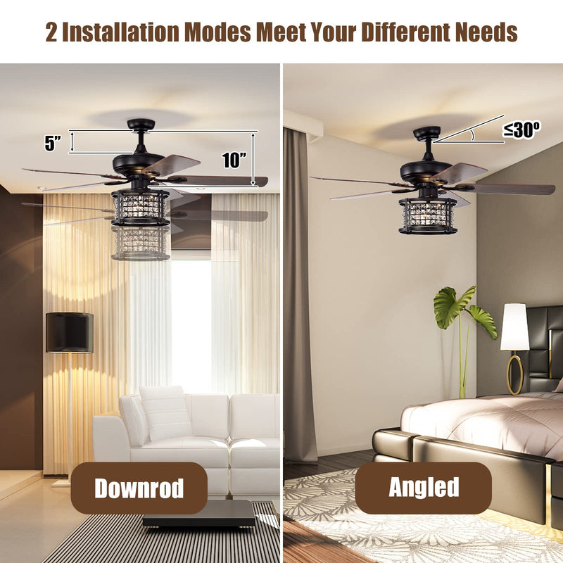 52-Inch Ceiling Fan Light, Crystal Ceiling Fan with Lights & Remote Control (Matte Black)