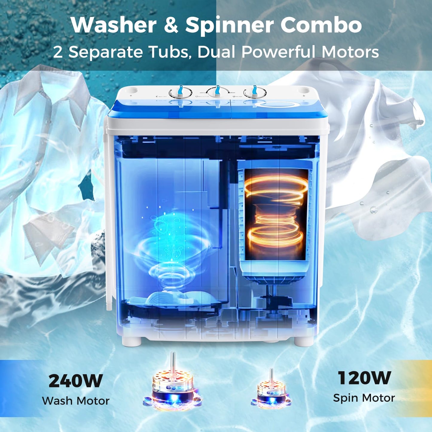 Portable Washing Machine, 17.6lbs Compact Portable Washer Twin Tub Combo with Pump Drain (Blue & White)