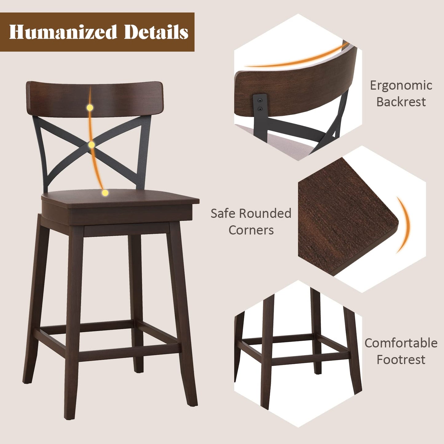 24 Inch Swivel Bar Stool Set of 2/4 Ergonomic Counter Height Chairs with Open X Back & Footrest