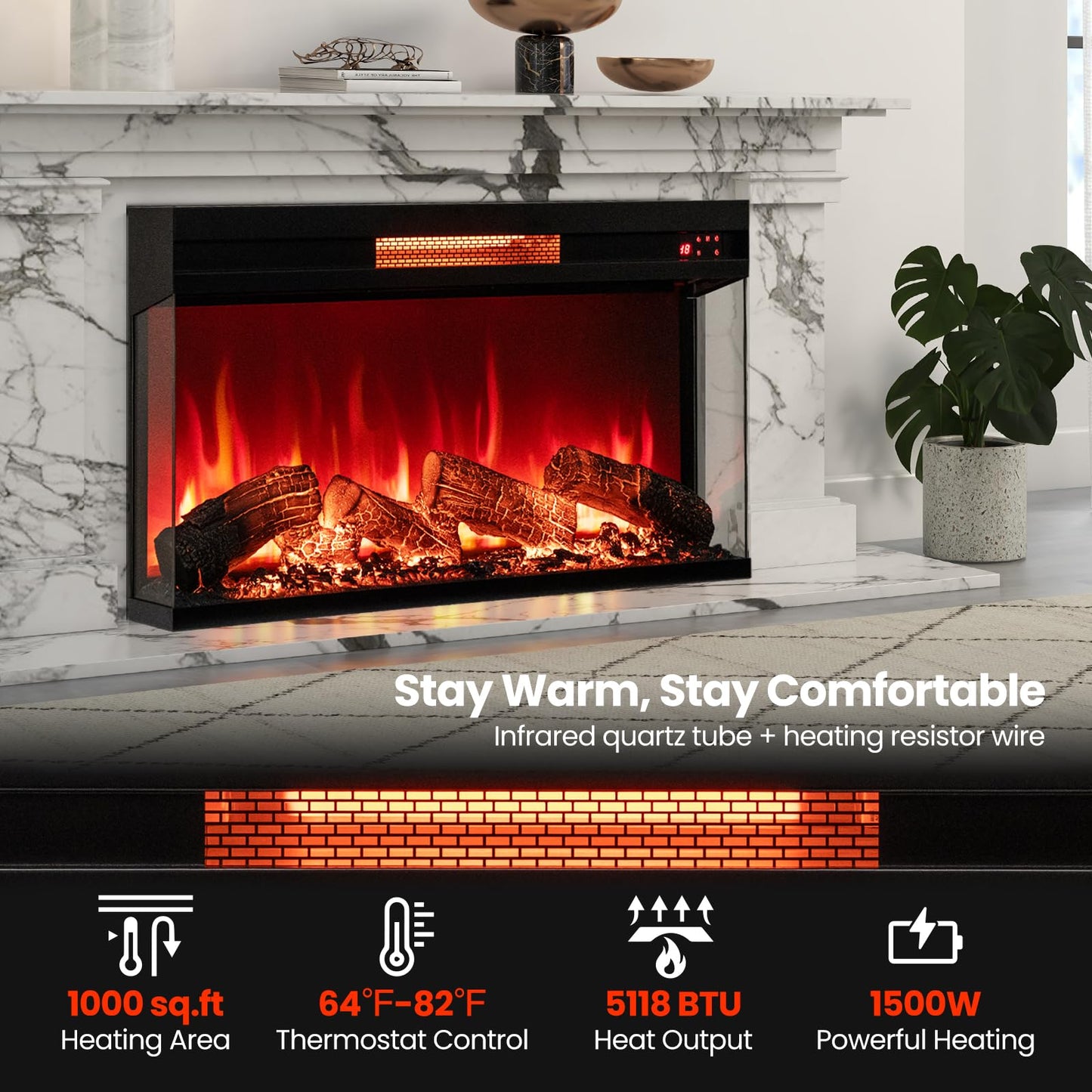 36-Inch 3 Side Glass Electric Fireplace with Remote Control