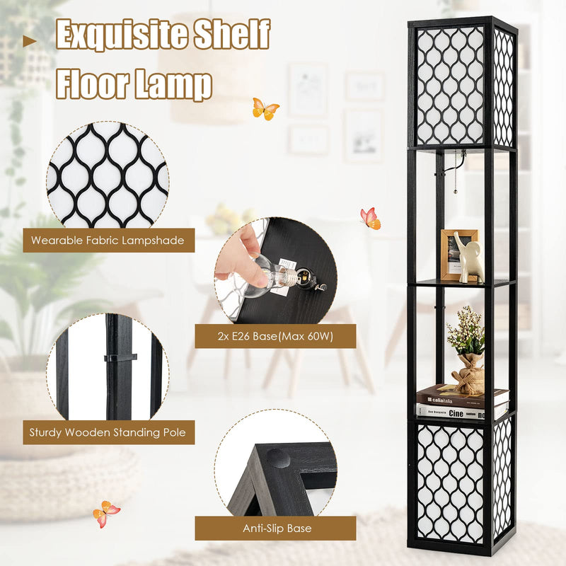 Modern Shelf Floor Lamp, Freestanding Double Lamp w/ 2-Tier Wood Shelf & White Lampshade
