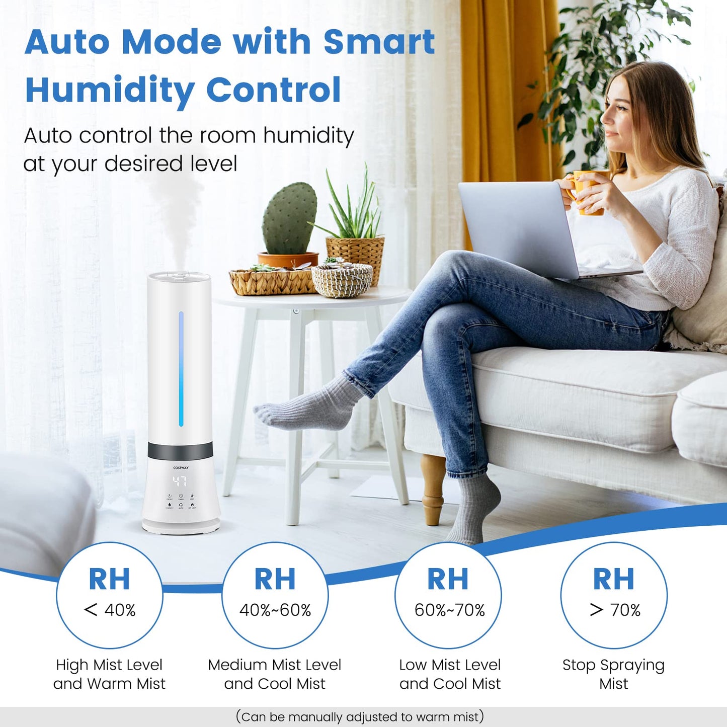ARLIME Humidifier for Bedroom Large Room, 2.4 Gallon Warm & Cool Mist Top Fill Ultrasonic Air Vaporizer with Auto Mode