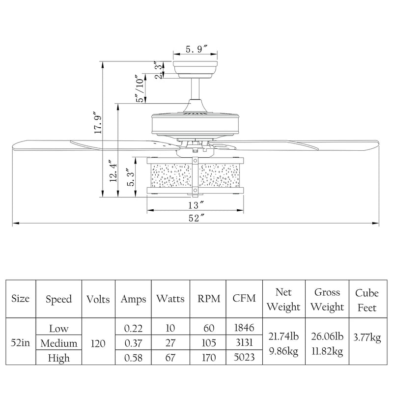 52Inch Ceiling Fan Light with Remote Control, Ceiling Lighting Fan with 5 Blades & Bubble Glass Shade