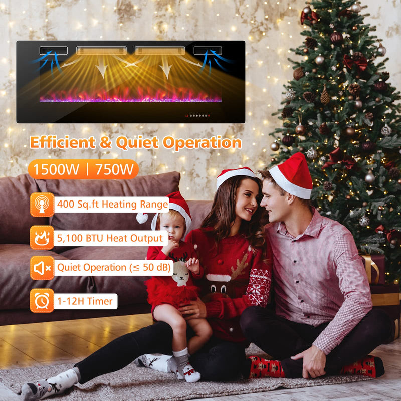 50-Inch Wide Electric Fireplace 3.19-Inch Deep Ultra-Thin Wall-Mounted and Recessed Fireplace Heater