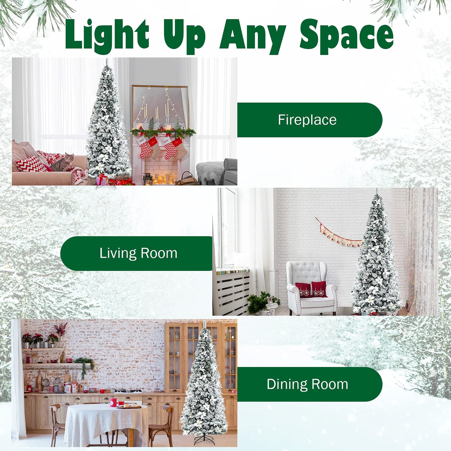 8 Ft Snow Flocked Artificial Christmas Tree w/ 807 Branch Tips