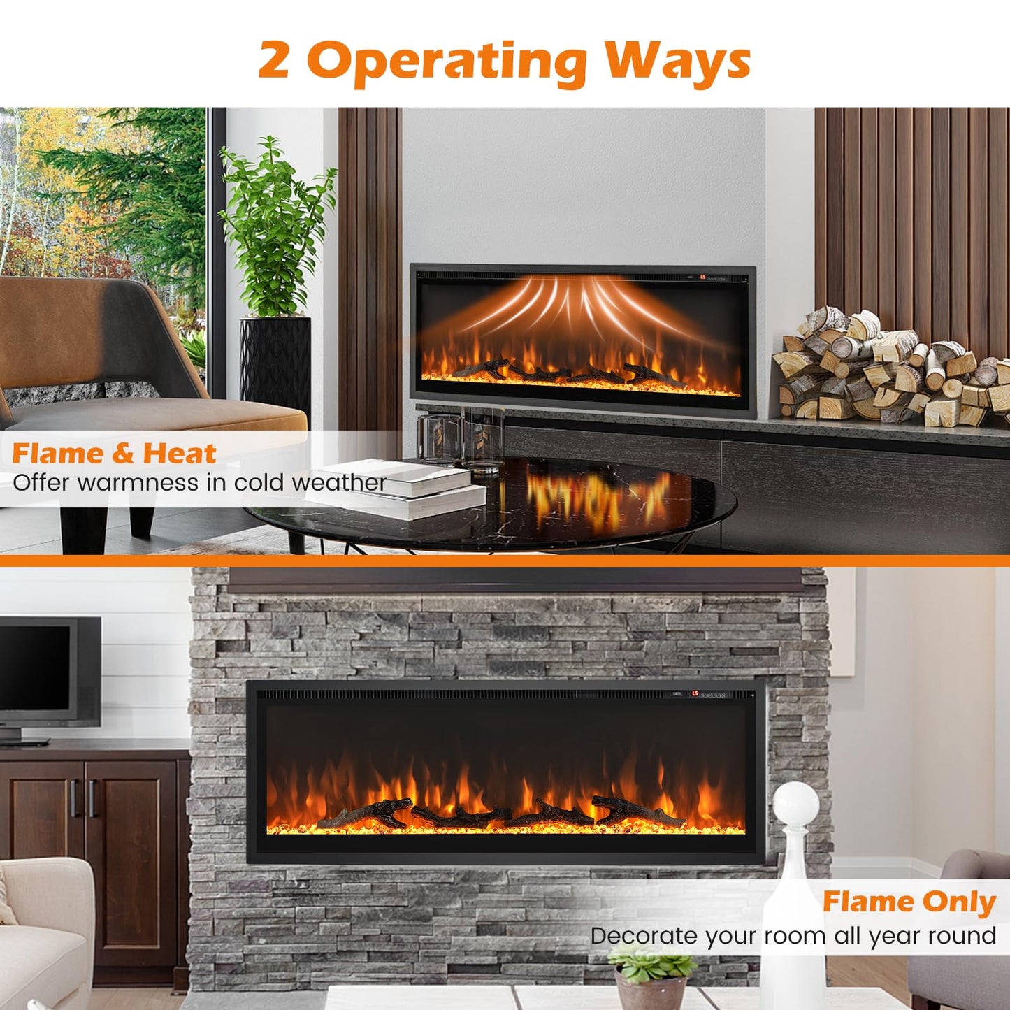 Electric Fireplace 50 Inch Wide with Crystal Decor and Log