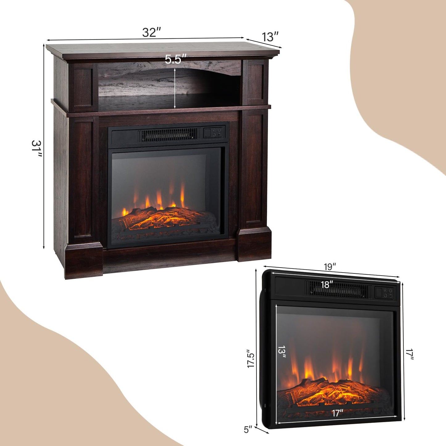 32-inch Electric Fireplace with Mantel, 1400W Adjustable Freestanding Heater with Remote Control