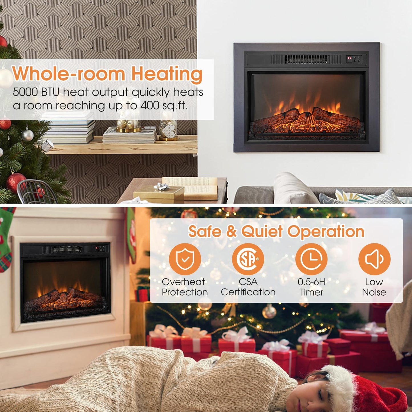 23-Inch Electric Fireplace Insert, 1400W Recessed Fireplace Heater with Remote Control, Thermostat