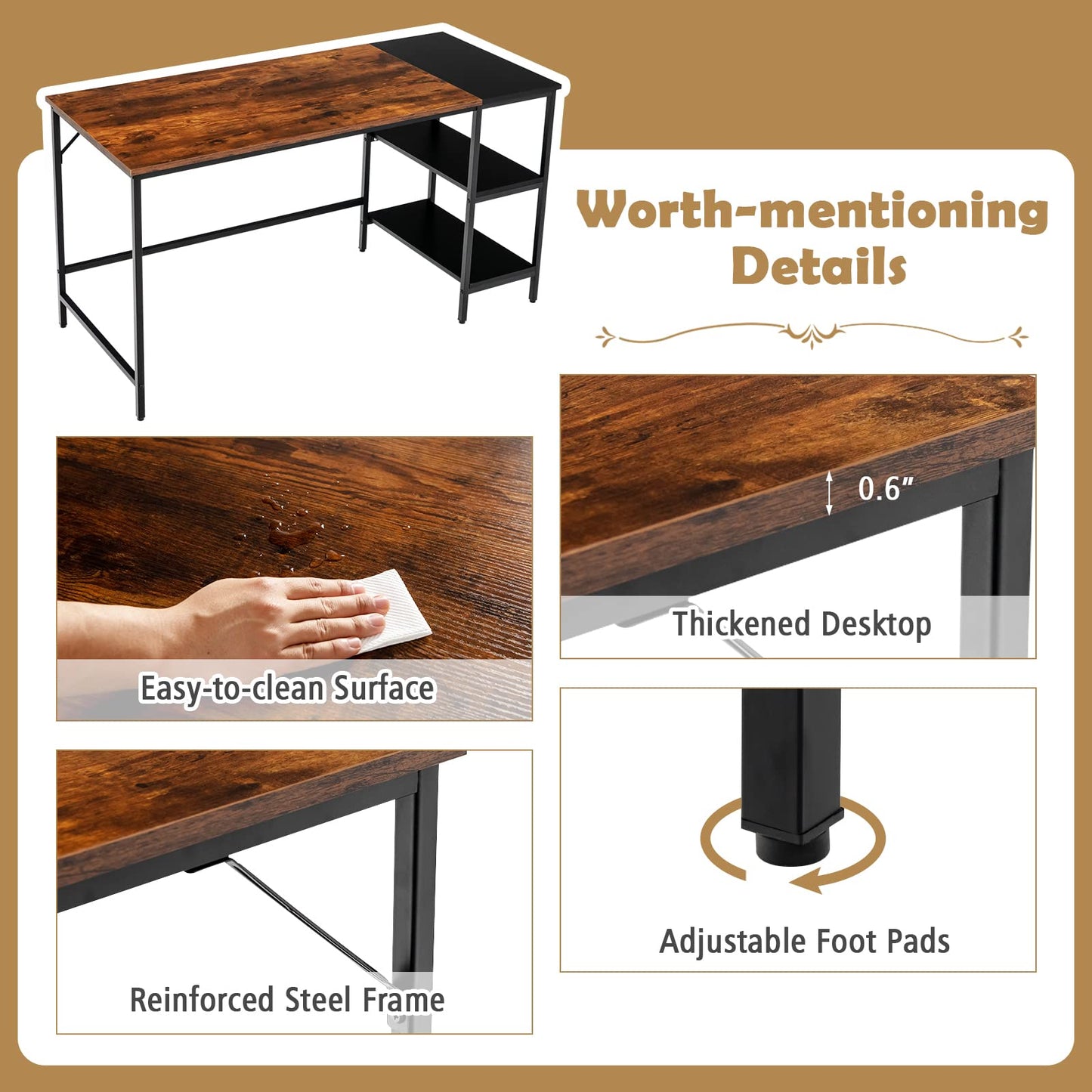 55 Inch Modern Industrial Style Study Writing Desk with 2 Storage Shelves