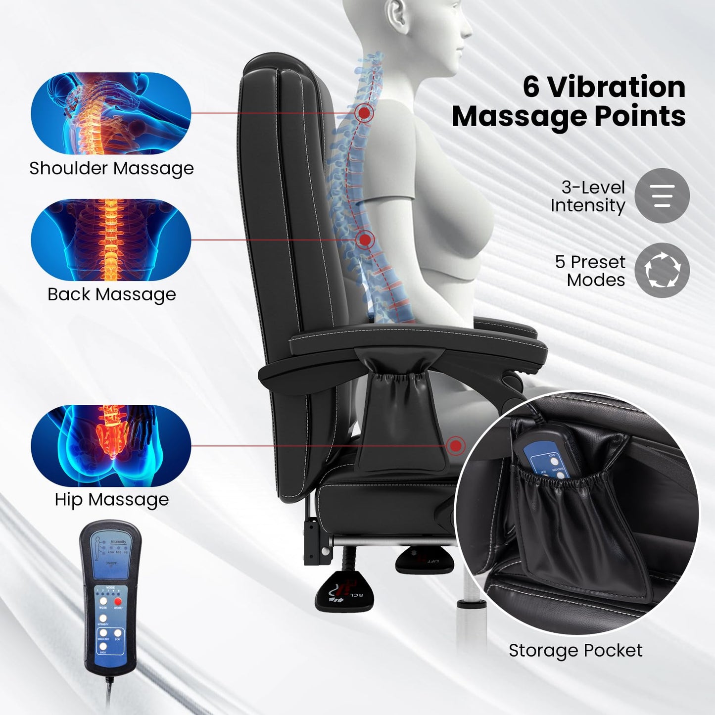 Big and Tall Office Chair 6-Point Massage Desk Chair with Retractable Footrest