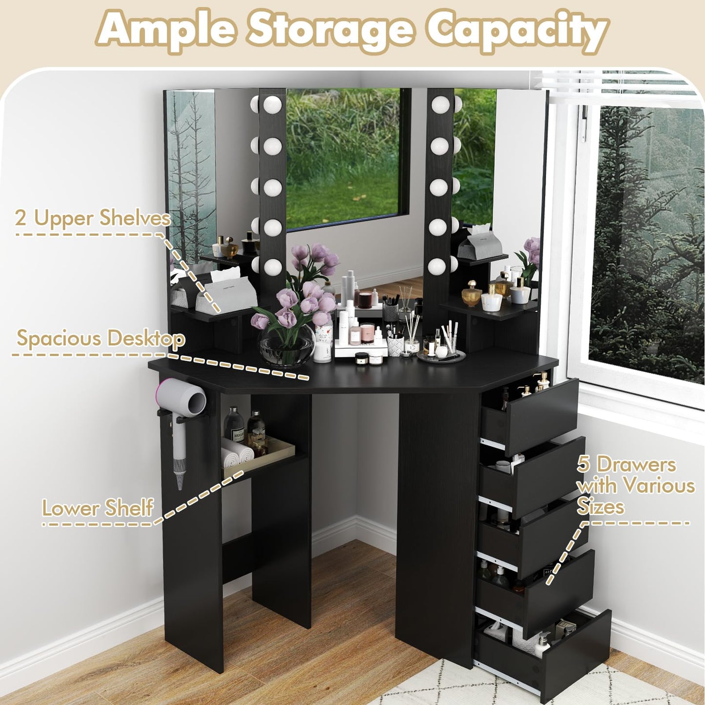 Corner Vanity Desk with Mirror and Lights for Women