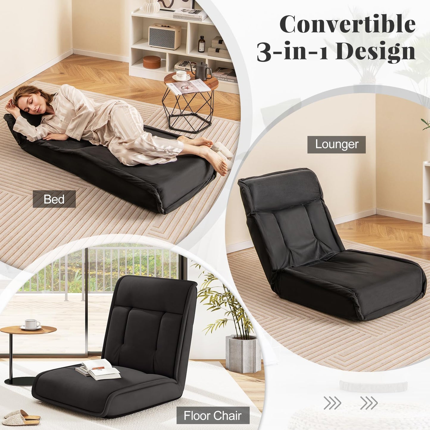 Folding Floor Chair Convertible Lazy Sofa Chair with 14-Poistion Adjustable Backrest