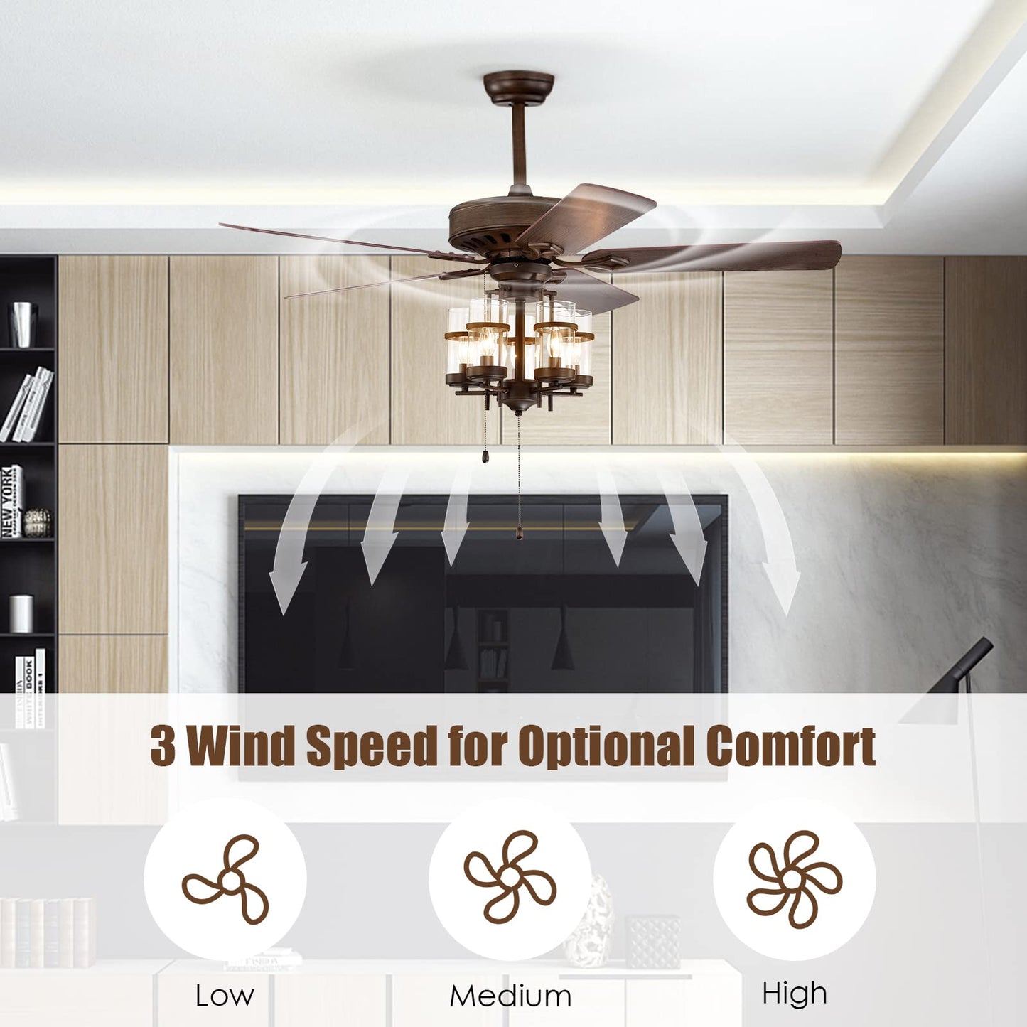 50-Inch Ceiling Fan Light, Classic Ceiling Fan Lamp with 5 Explosion-Proof Glass Lampshades