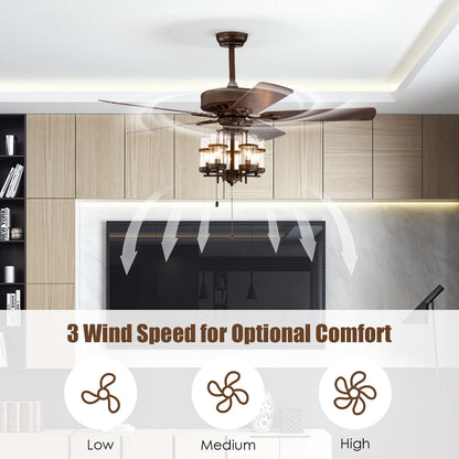 50-Inch Ceiling Fan Light, Classic Ceiling Fan Lamp with 5 Explosion-Proof Glass Lampshades