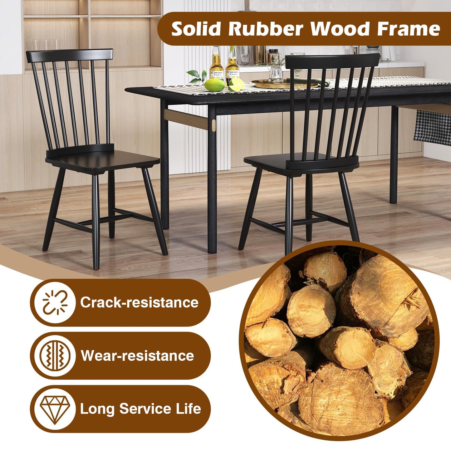 Windsor Dining Chair Set with Spindle Back Spacious Seat Rubber Wood Frame