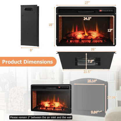Electric Fireplace Insert 26-inch Wide 1400W Recessed and Freestanding Fireplace Heater with Remote Control