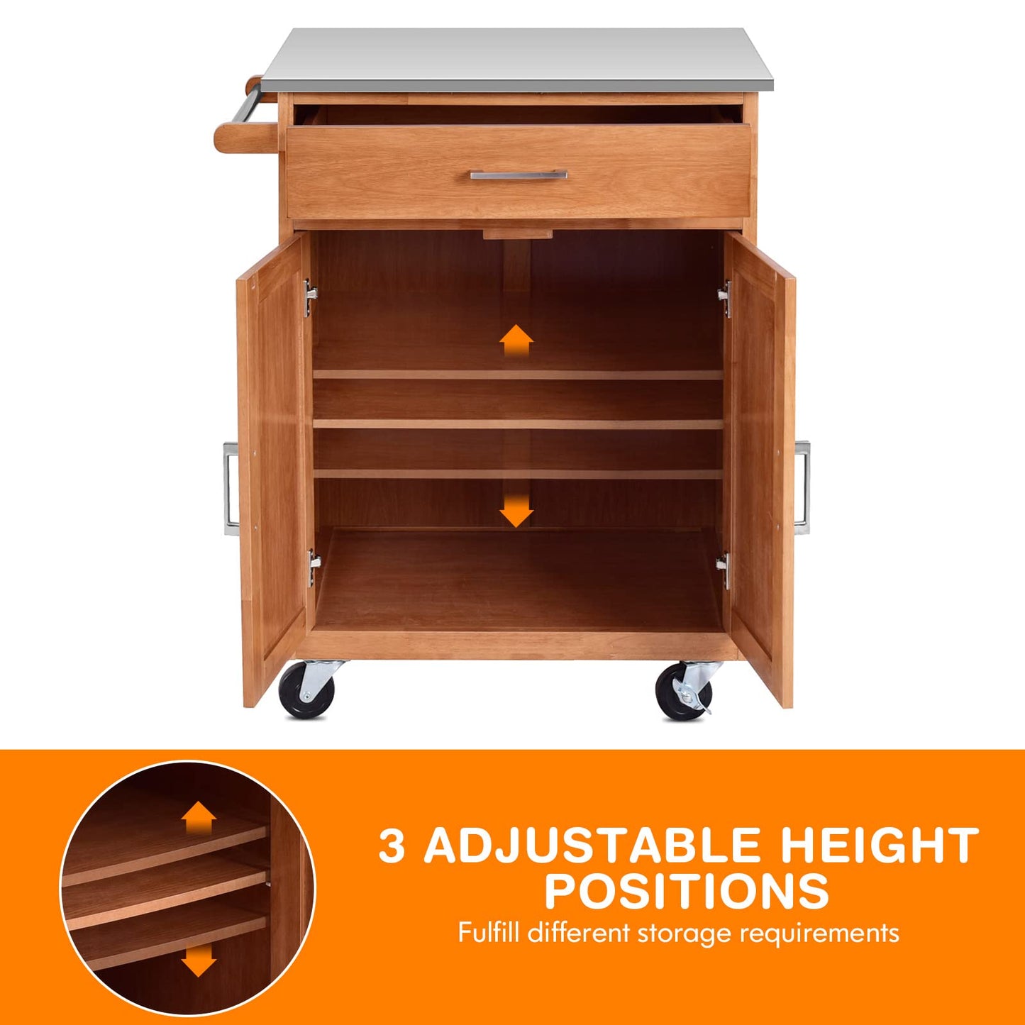 Kitchen Storage Island Cart on Wheels Farmhouse Kitchen Rolling Trolley Cart