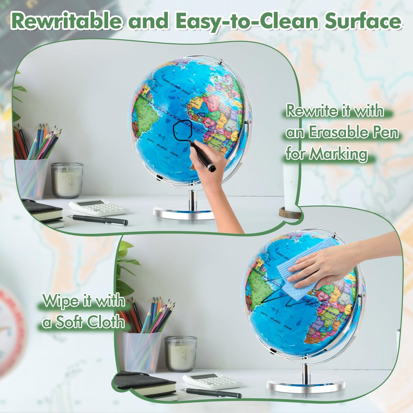 Illuminated World Globe 13” Desktop Geographic Globe w/LED Light & Easy-to-Read Clear Map for Students