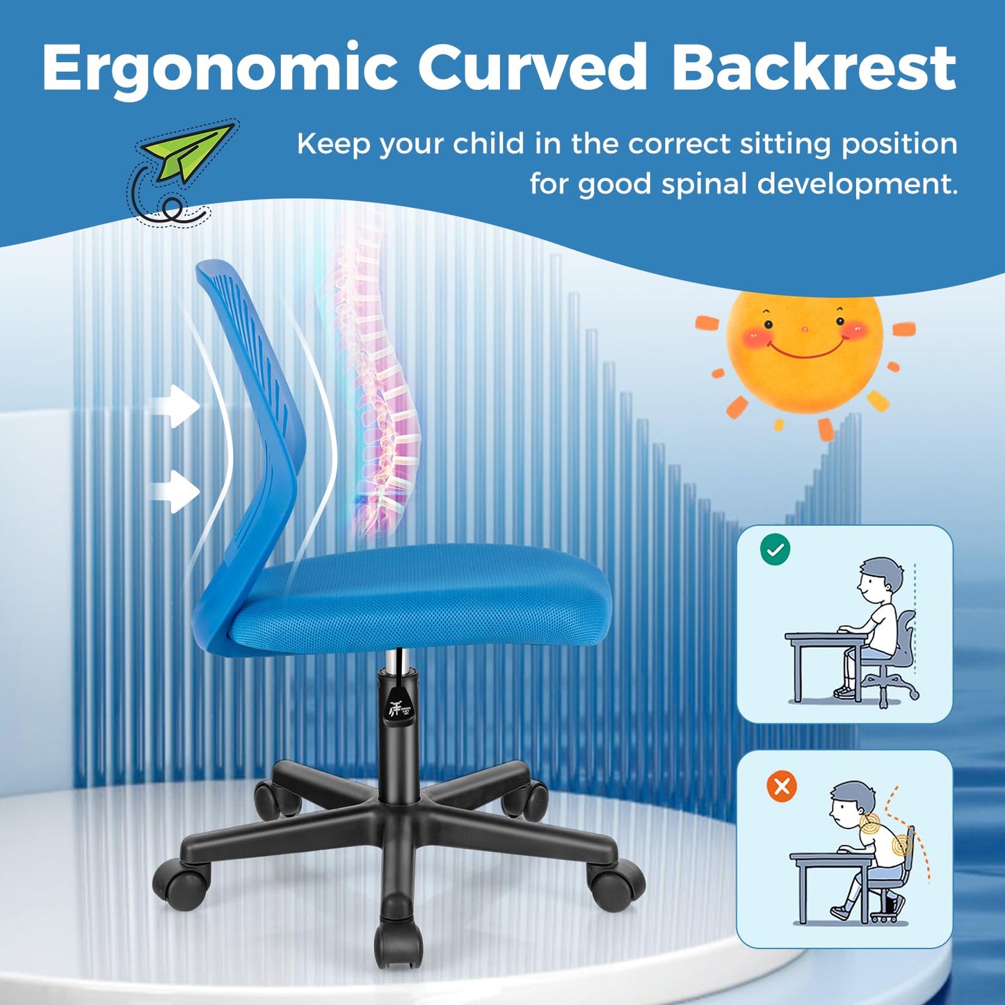 Height-Adjustable Ergonomic Kids Desk Chair Swivel Armless Task Chair w/Universal Casters