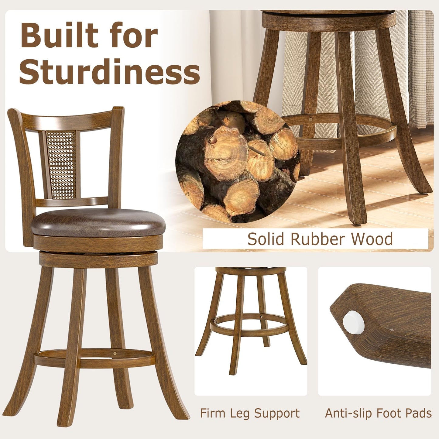 25”/30” Solid Rubber Wood Swivel Counter Chairs with Faux Leather Seat