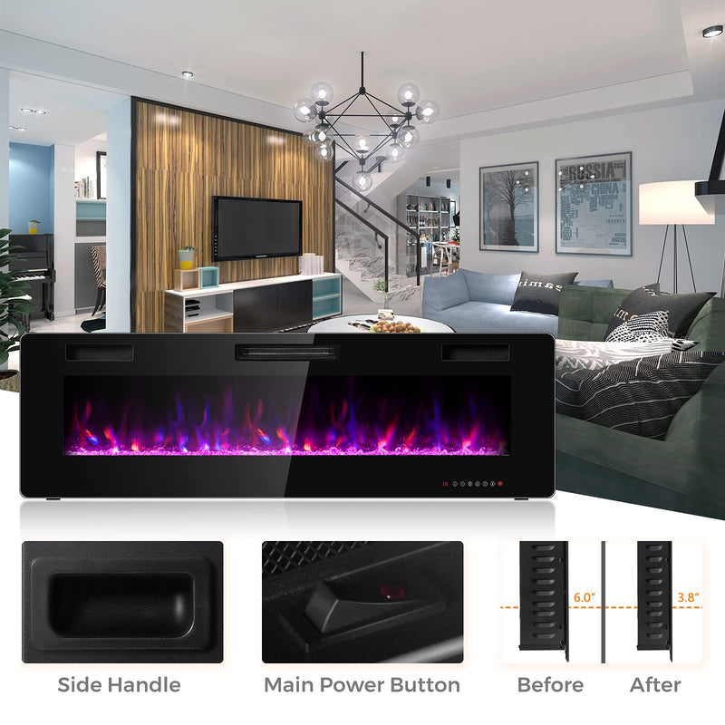 750W/1500W Wall Recessed and Mounted Fireplace with Remote Control (60-Inch)