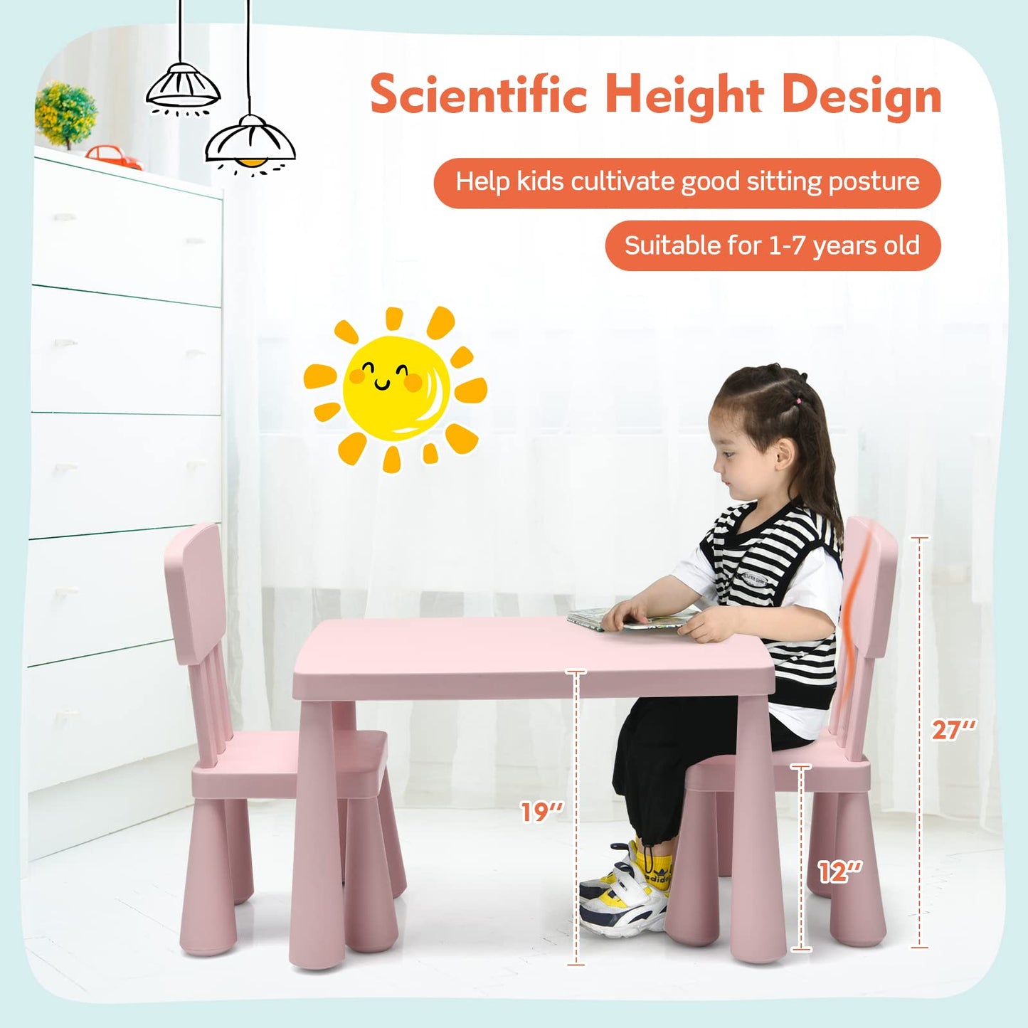 3 Piece Kids Table and Chairs Set for Ages 1-7