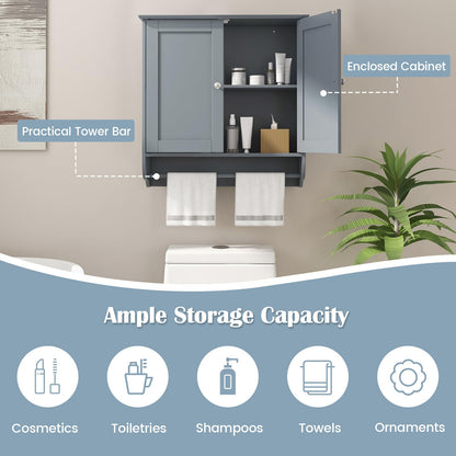 Bathroom Wall Cabinet Over The Toilet Storage Cabinet w/ 2 Doors Adjustable Shelf and Towel Bar